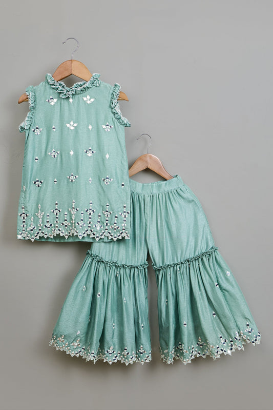 Blue Faux Mirror Embroidered Ruffle Detailed Kurti With Sharara