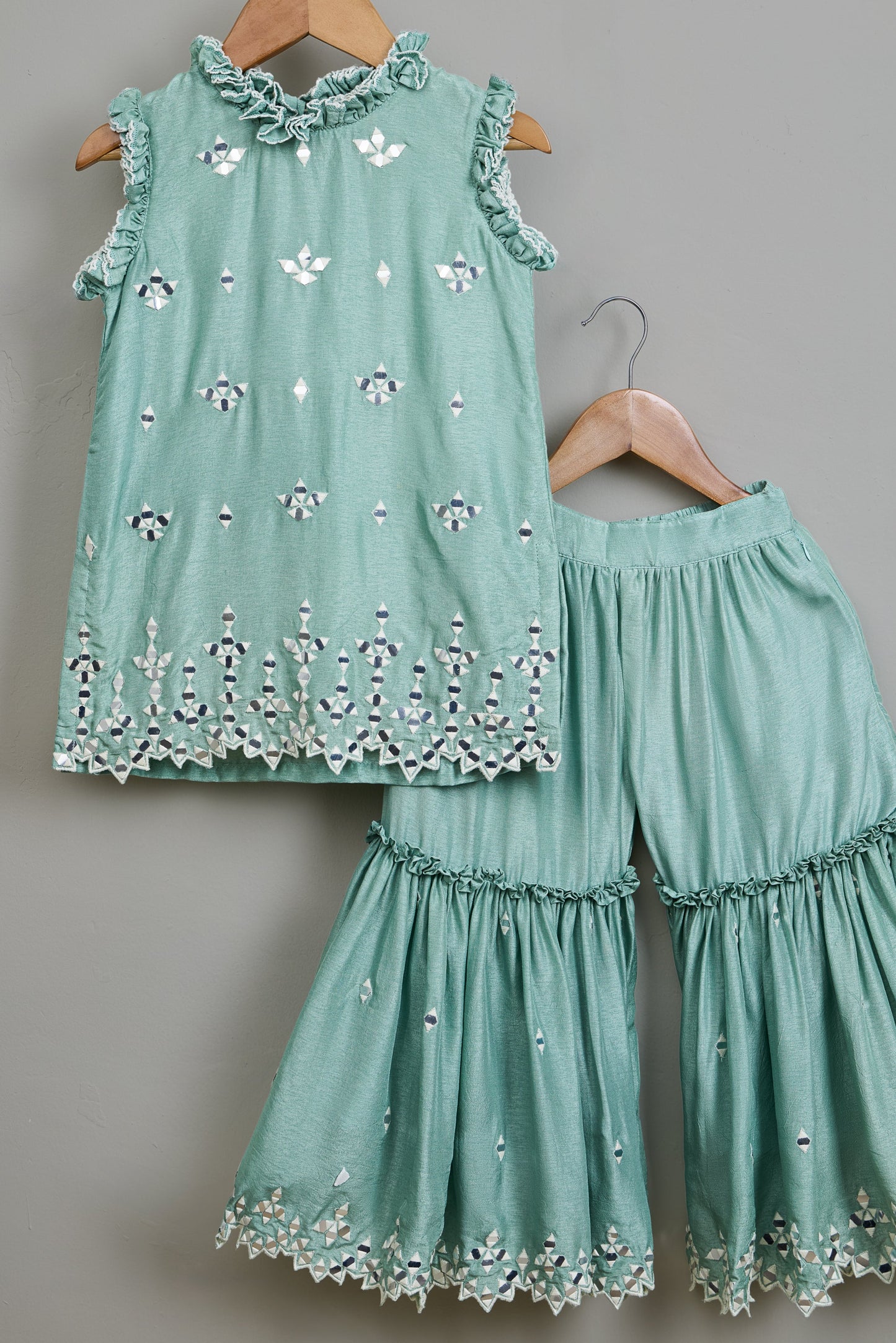 Blue Faux Mirror Embroidered Ruffle Detailed Kurti With Sharara