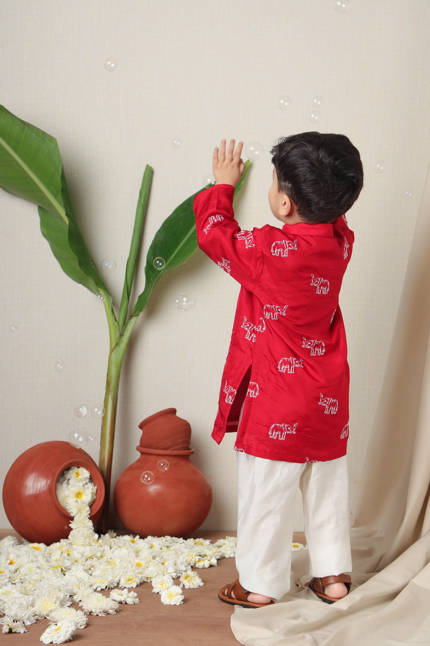 Red Elephant Embroidered Kurta And Pyjama (Ready To Ship)