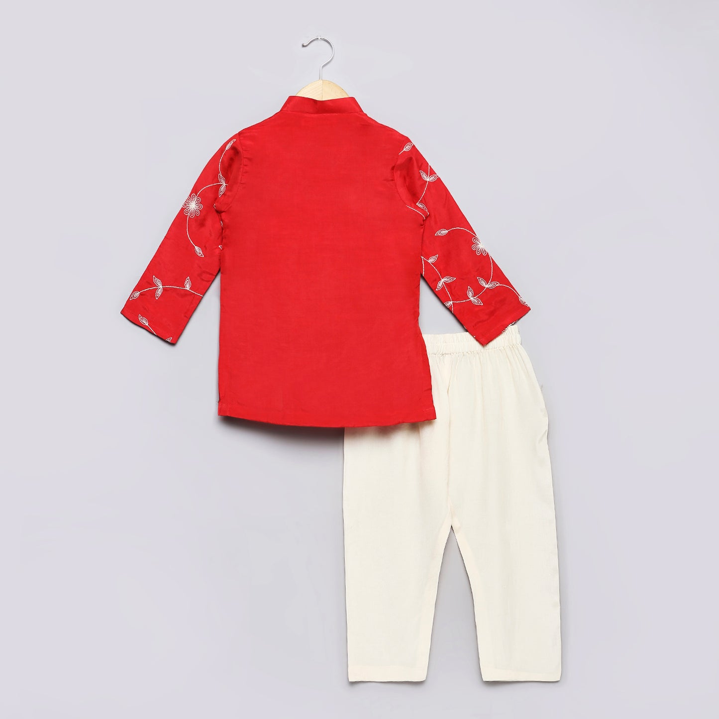 All over embroidered red kurta & pant set