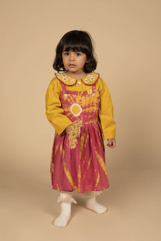 poochkie mustard yellow and pink  dress for kids 