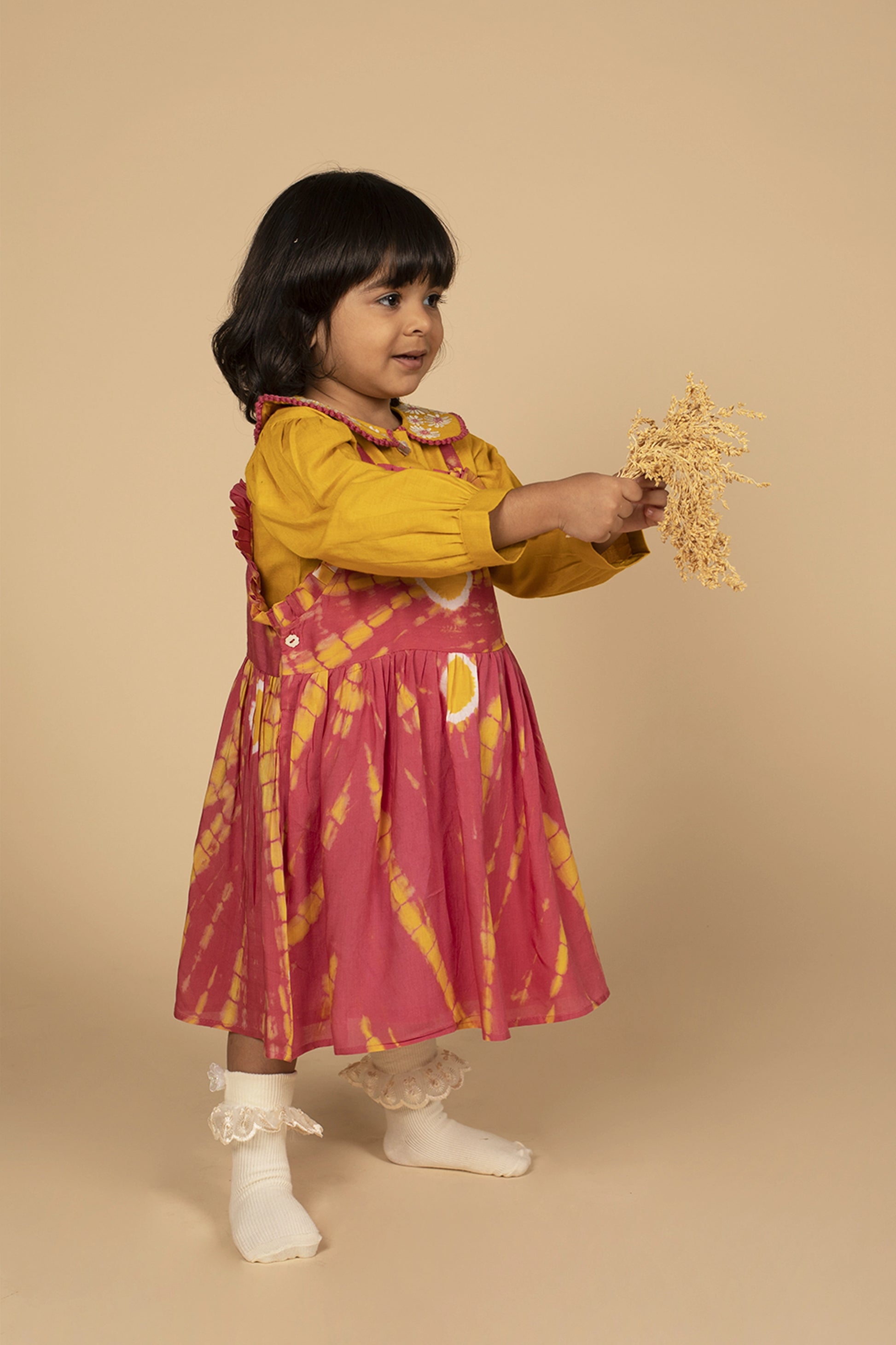 poochkie mustard yellow and pink  dress for kids 