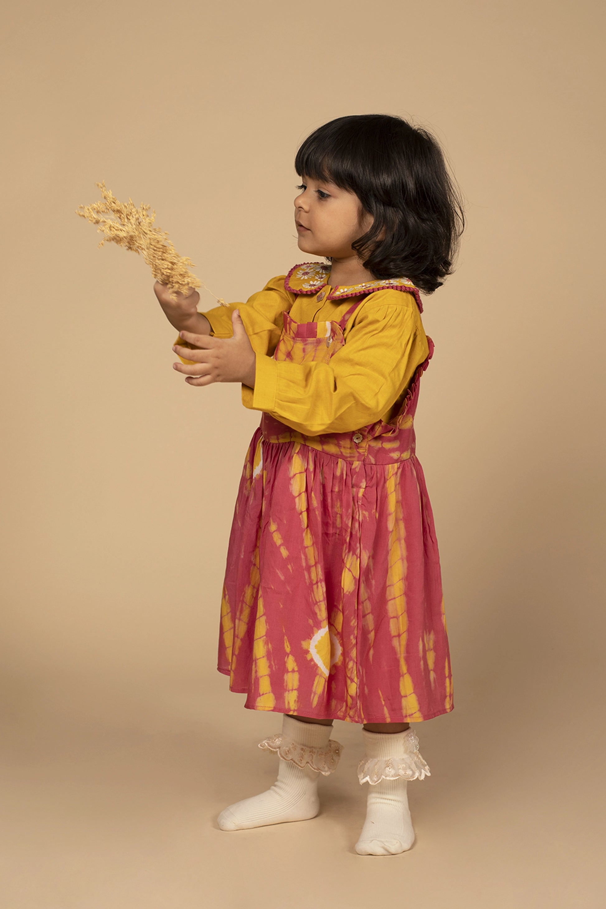 poochkie mustard yellow and pink  dress for kids 