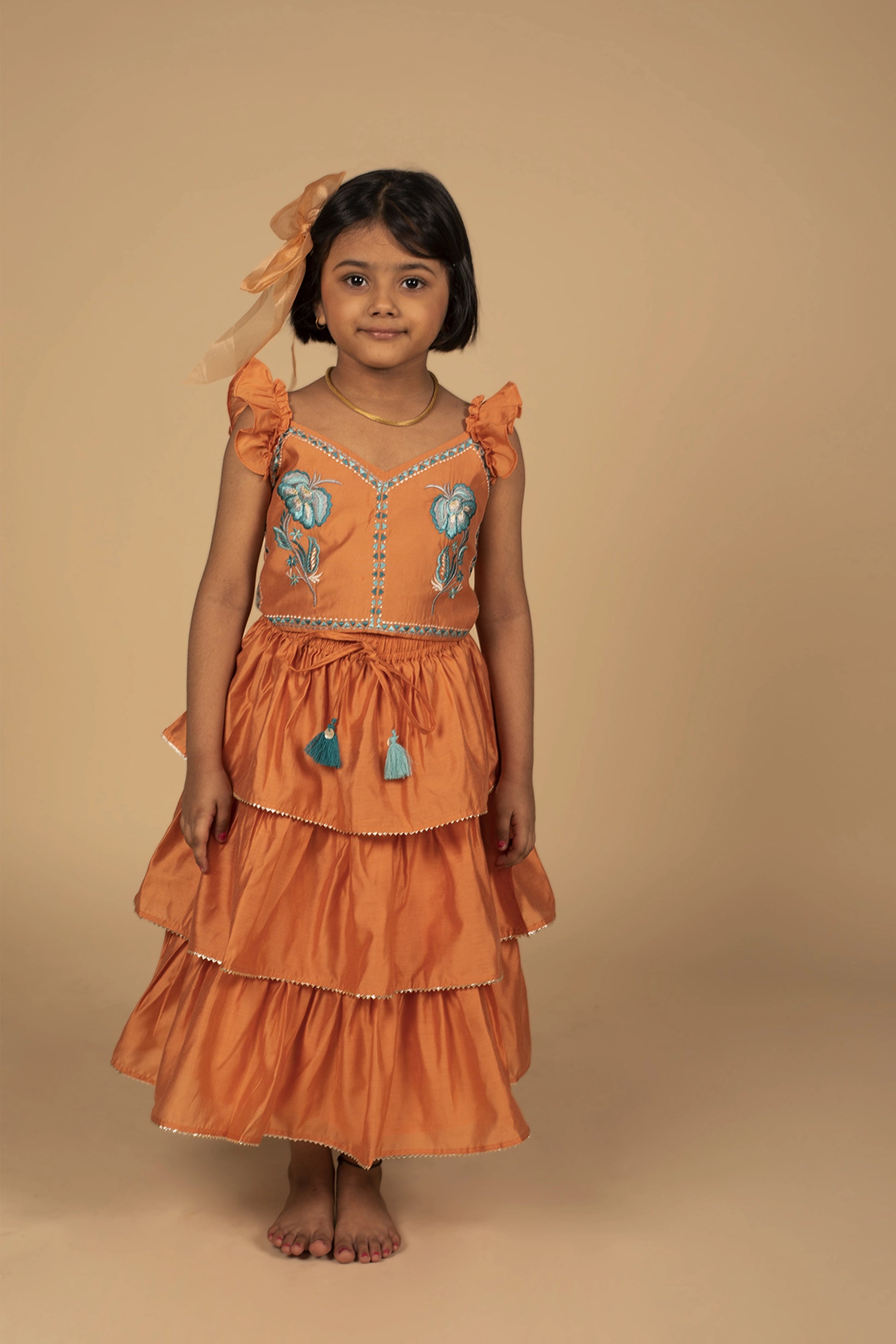 poochkie orange lehenga set for kids