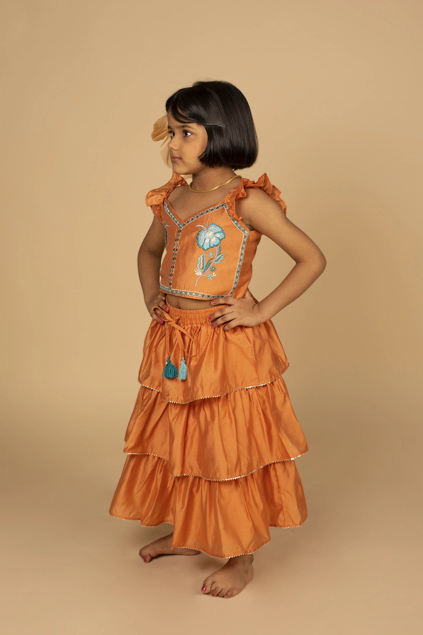 poochkie orange lehenga set for kids