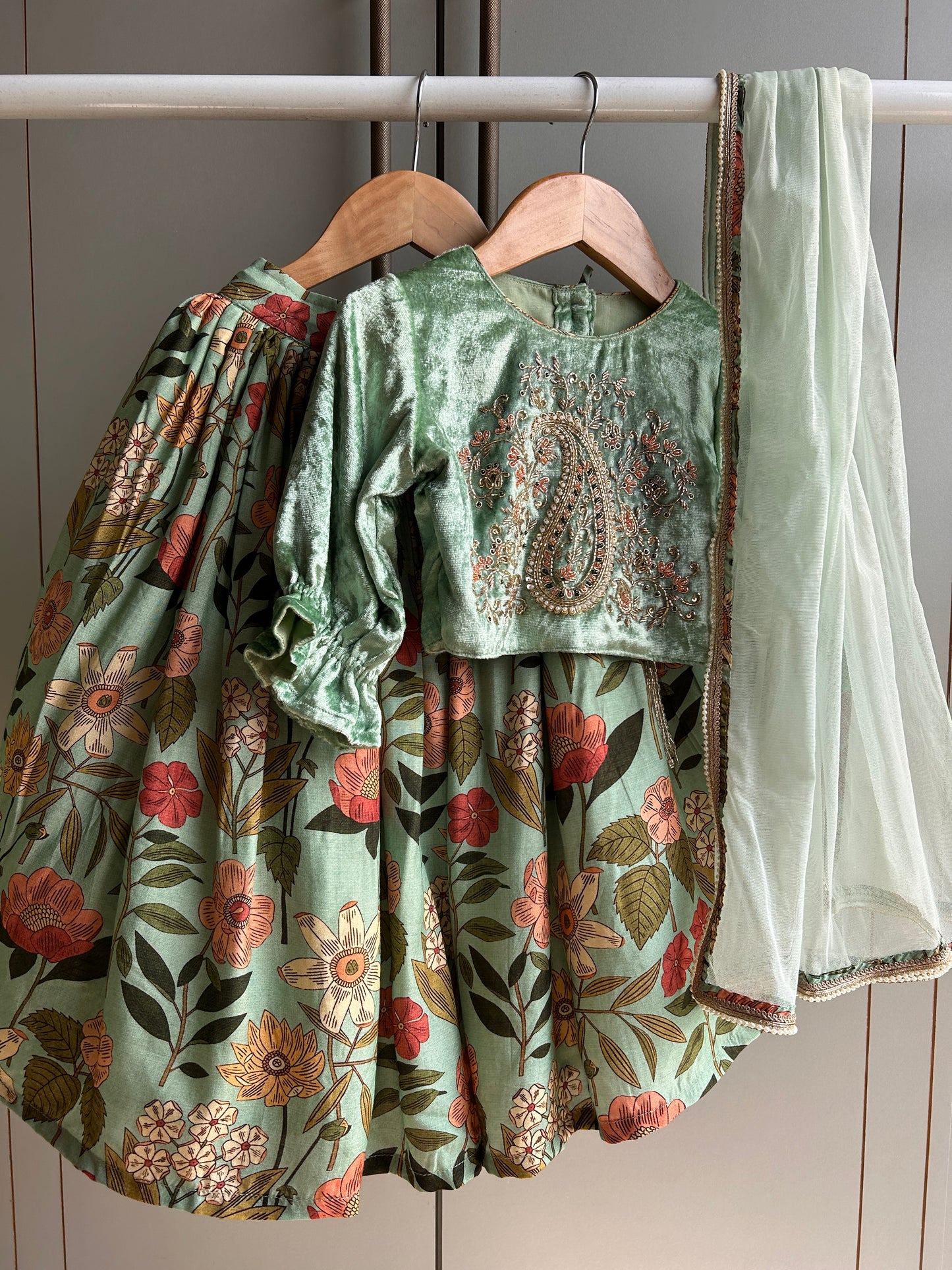 Dareen mint embroidered velvet lehenga set