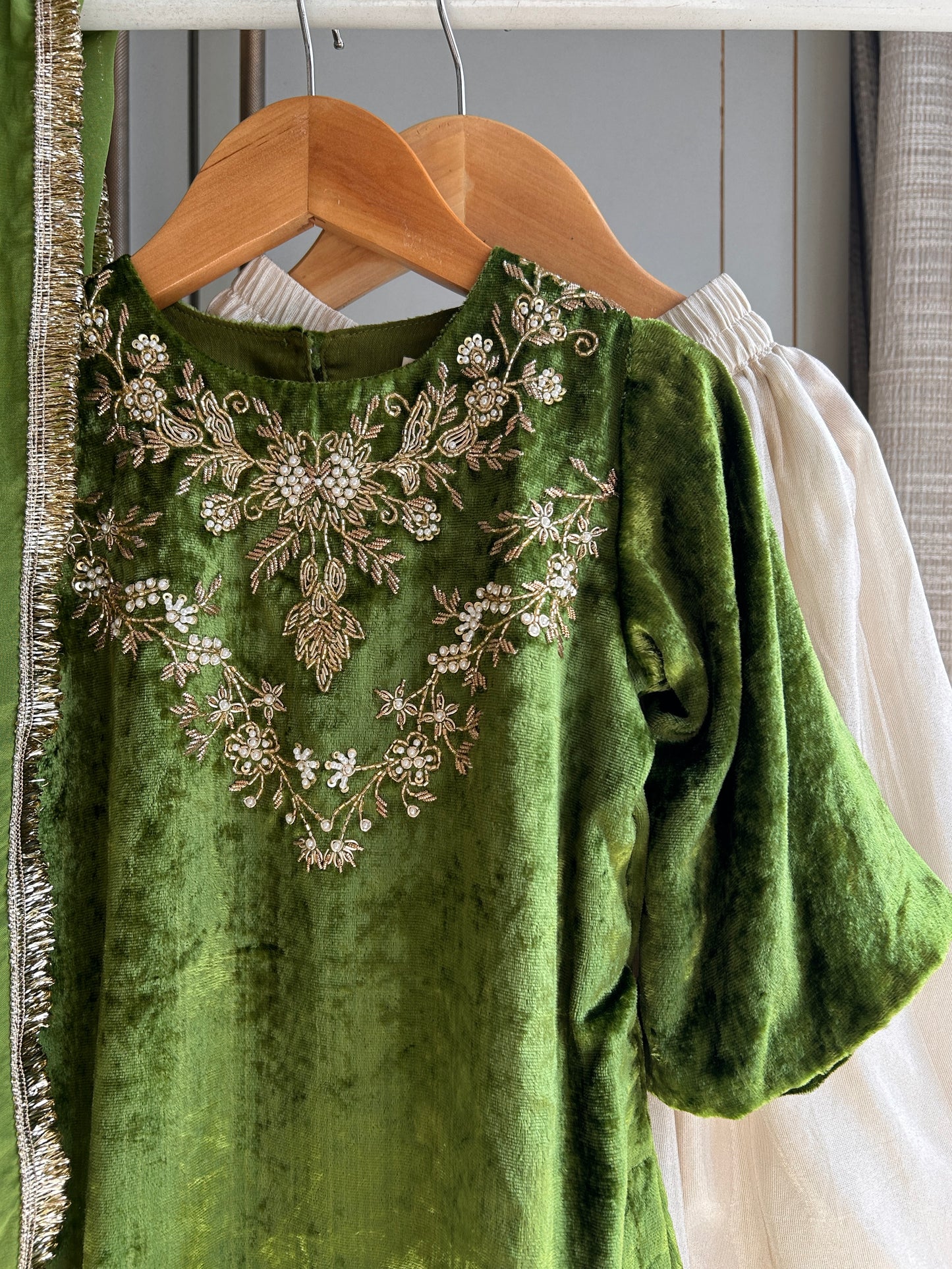 Mehendi Green Velvet Kurti with Palazzo and Dupatta
