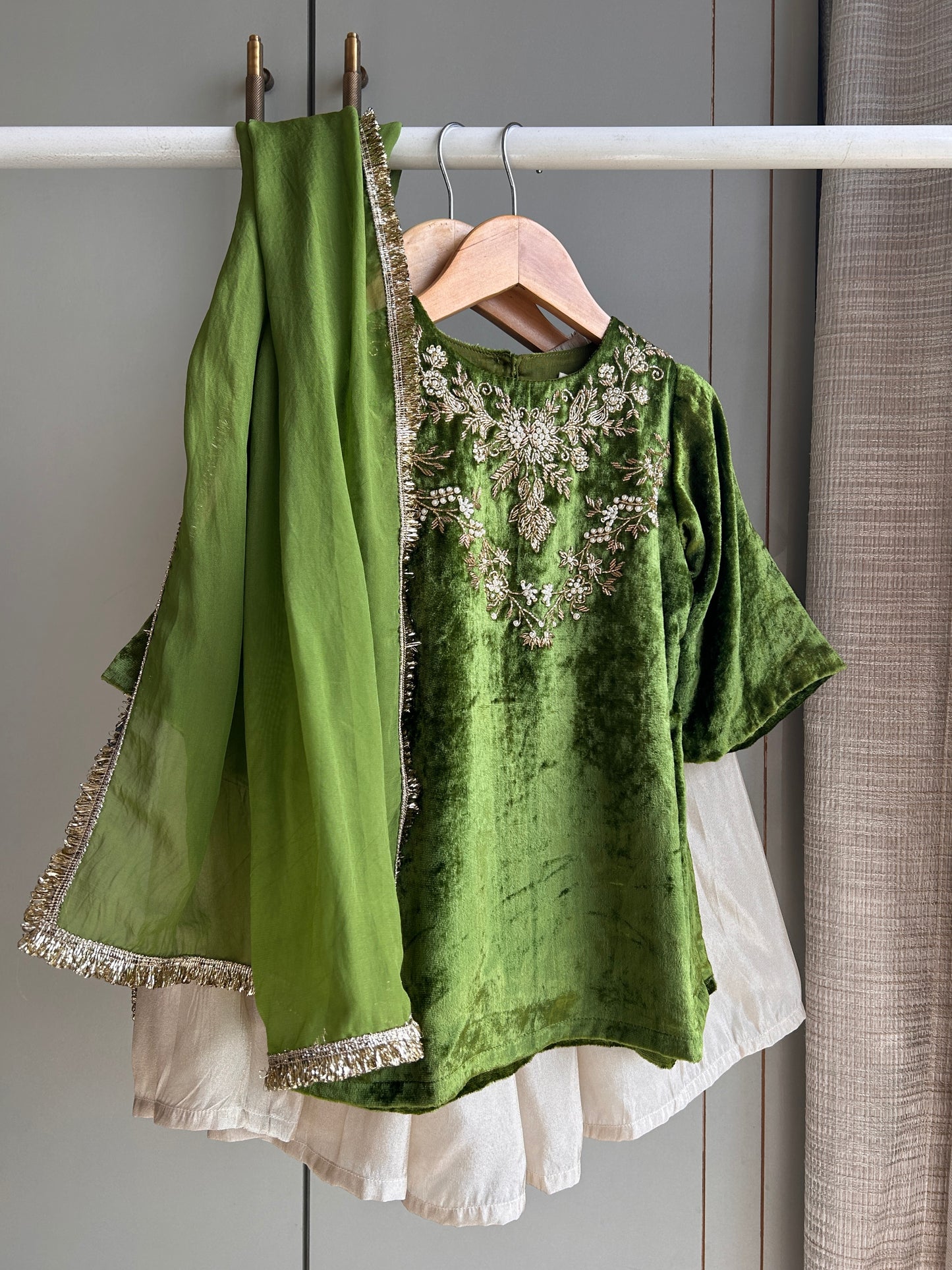 Mehendi Green Velvet Kurti with Palazzo and Dupatta