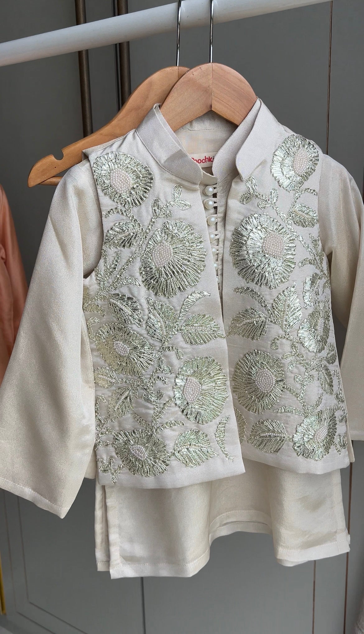 Shimmery Ivory Kurta With Front Open Gota Embroidered Jacket And Pyjama