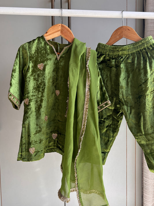 Green Dilbar Velvet Zardozi Embroidered Lehenga Set