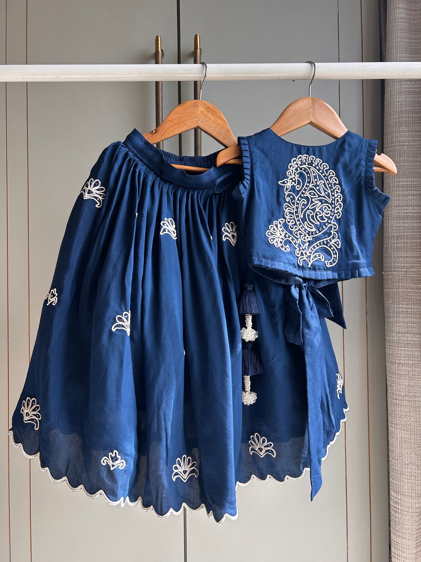 Blue Nelumbo Dori Embroidered Top And Fringe Tassel Enhanced Lehenga