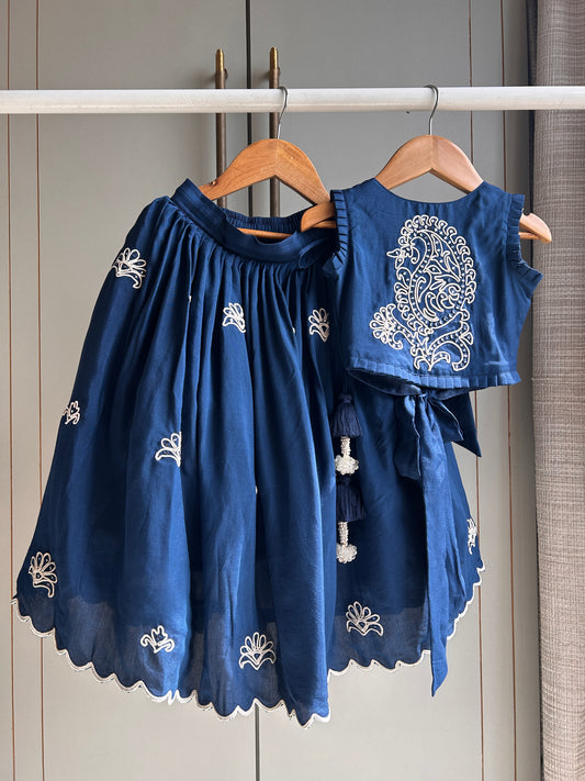Blue Nelumbo Dori Embroidered Top And Fringe Tassel Enhanced Lehenga