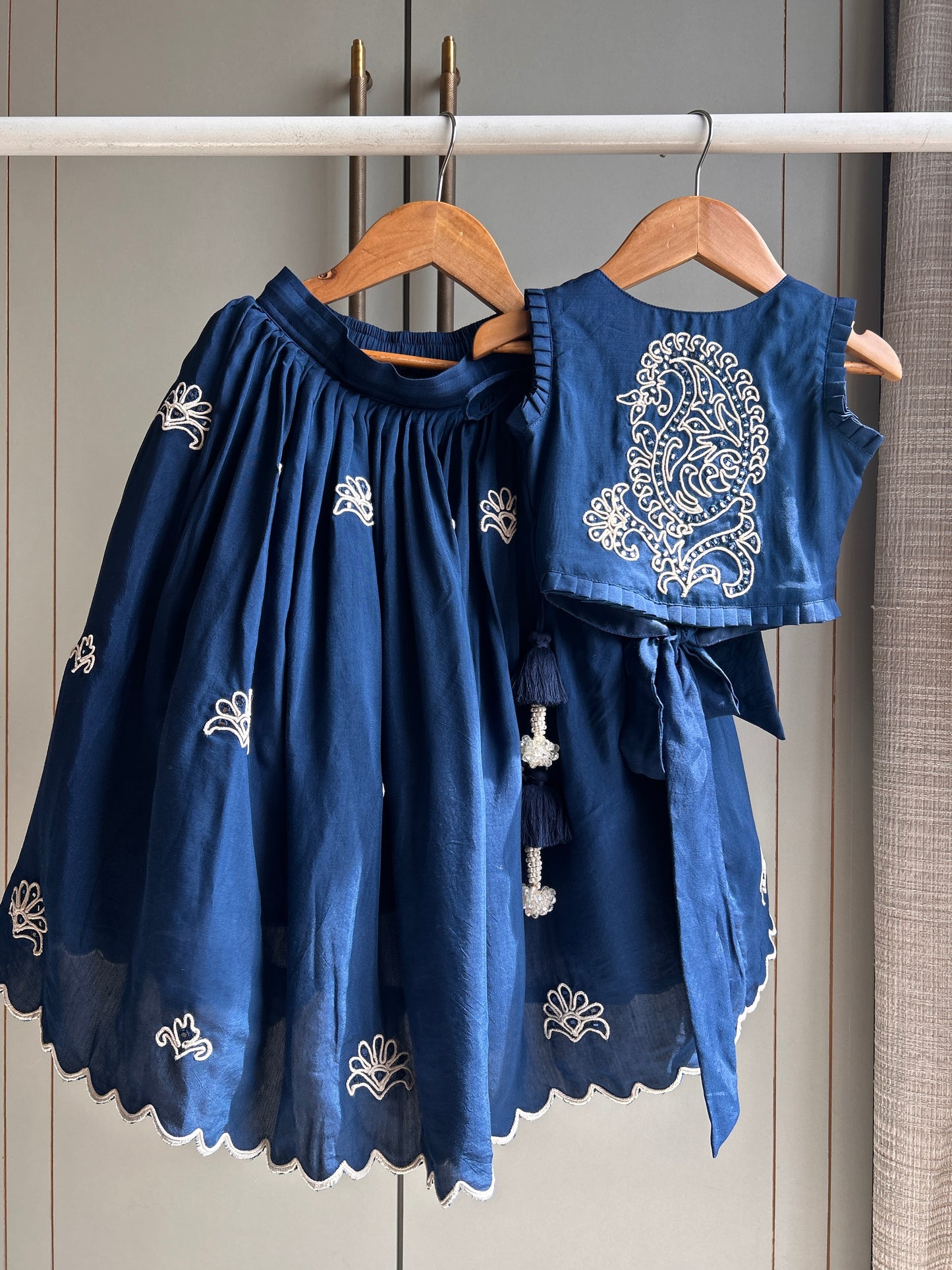 Blue Nelumbo Dori Embroidered Top And Fringe Tassel Enhanced Lehenga