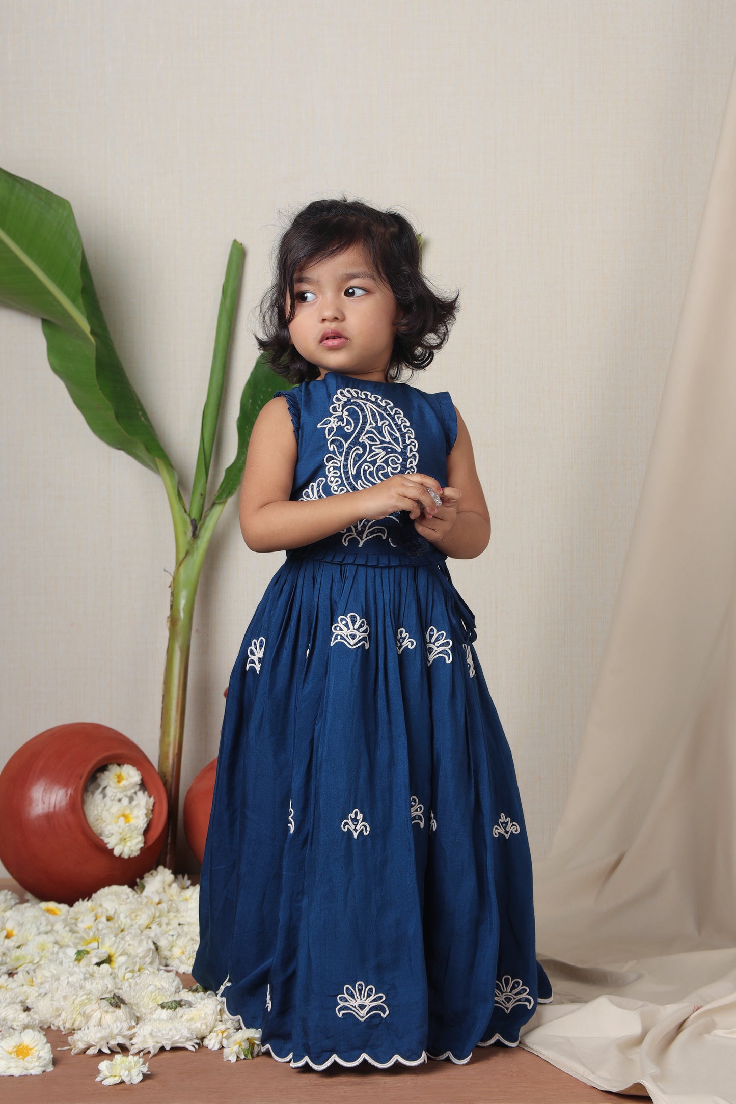 Blue Nelumbo Dori Embroidered Top And Fringe Tassel Enhanced Lehenga