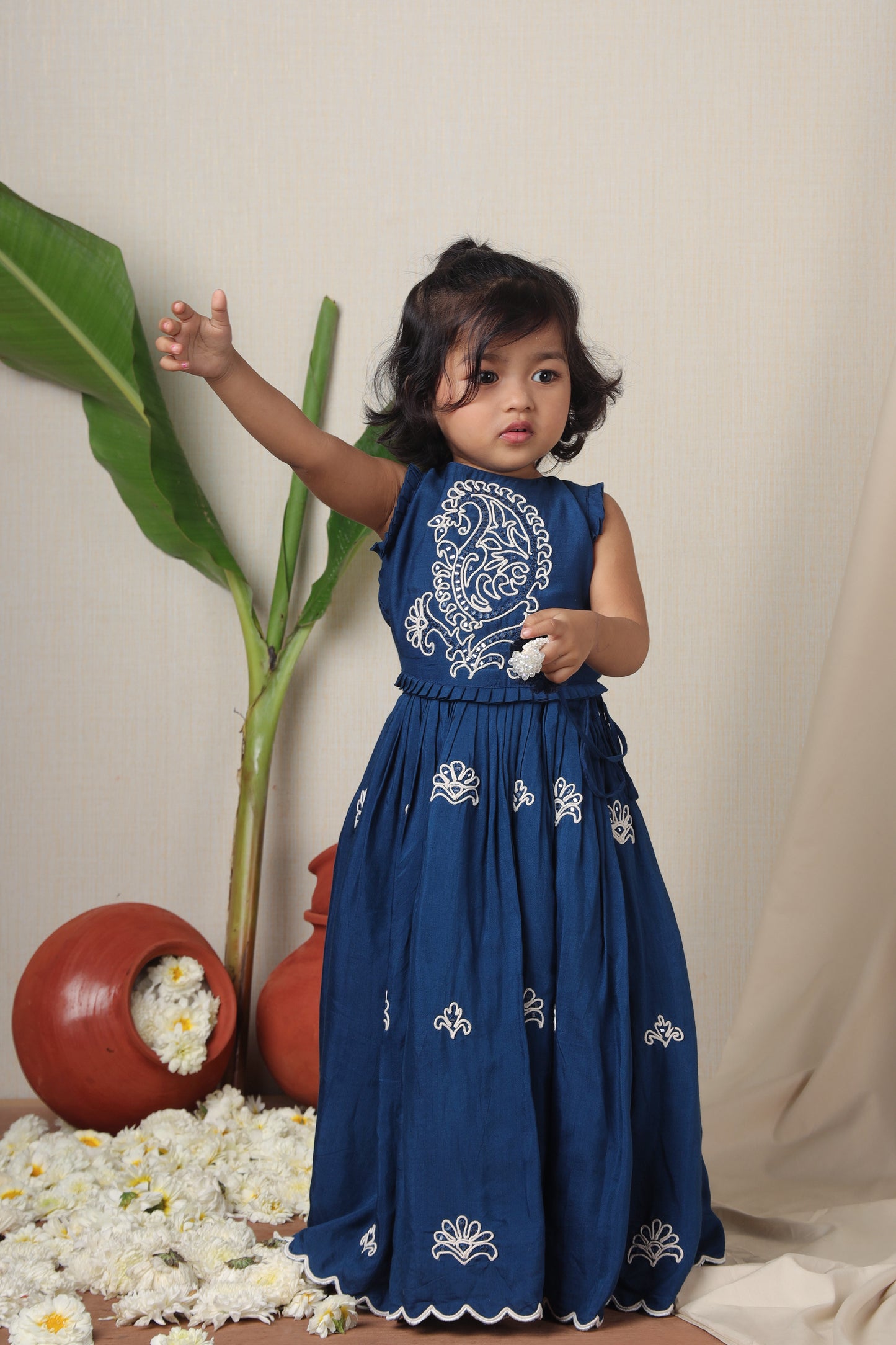 Blue Nelumbo Dori Embroidered Top And Fringe Tassel Enhanced Lehenga