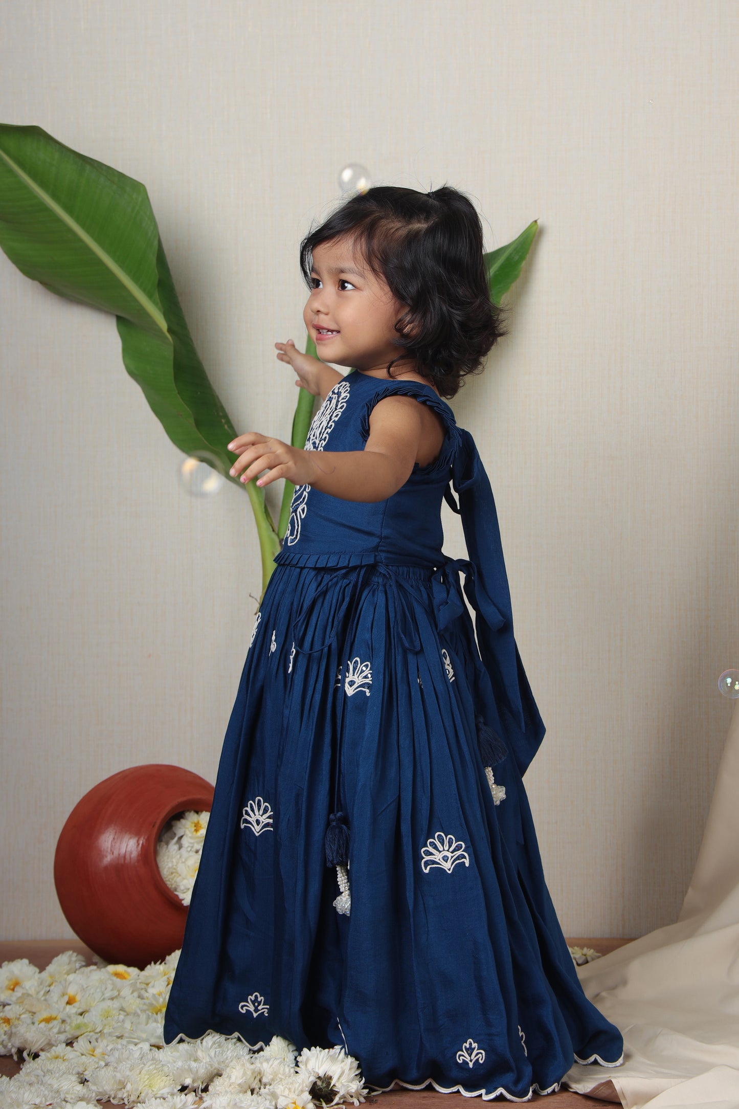 Blue Nelumbo Dori Embroidered Top And Fringe Tassel Enhanced Lehenga