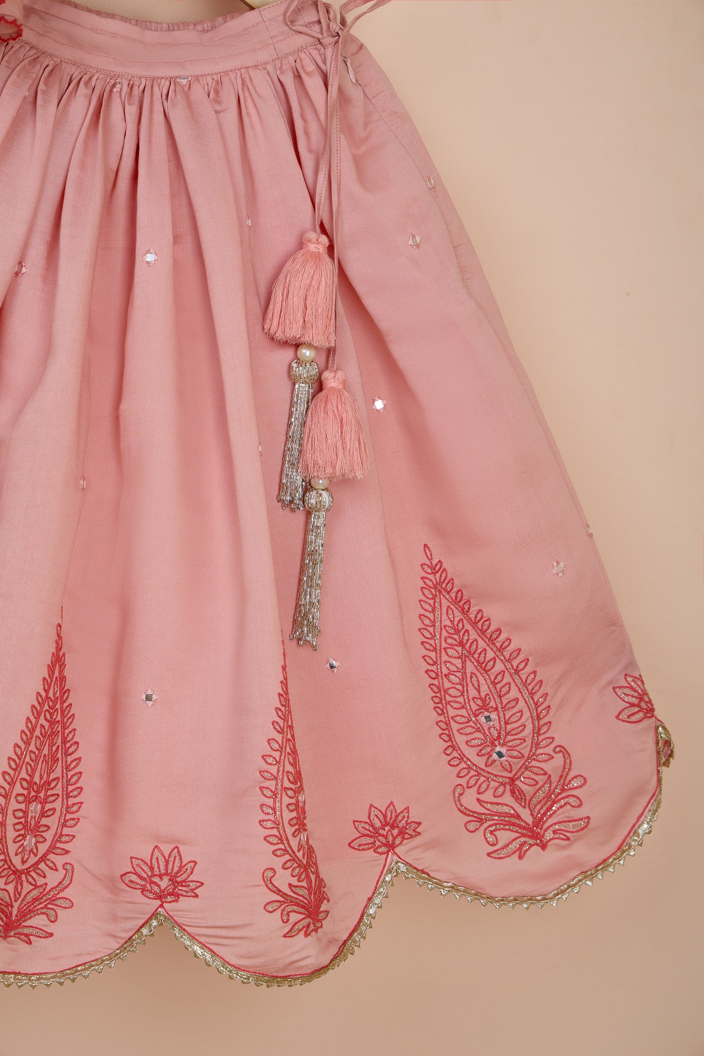 Ghungur Faux Mirror And Thread Embroidered Top And Flared Lehenga