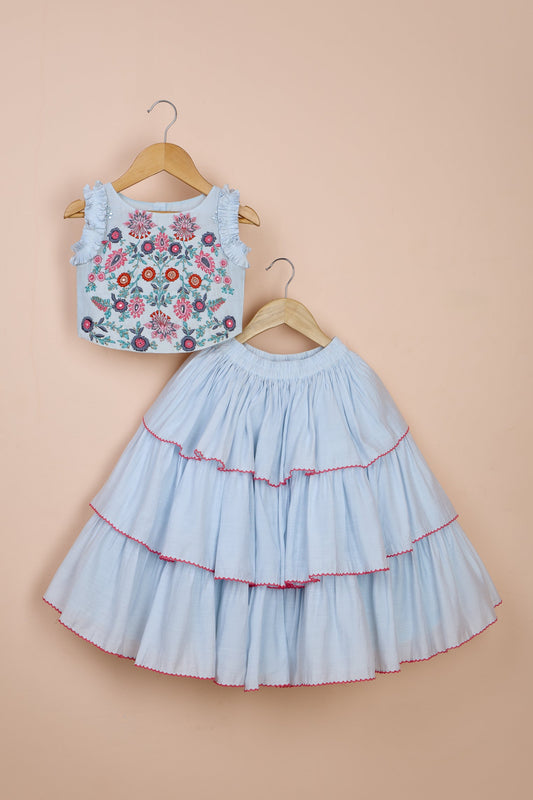 Baby Blue Crepe Silk Hand Embellished Lehenga Set For Girls