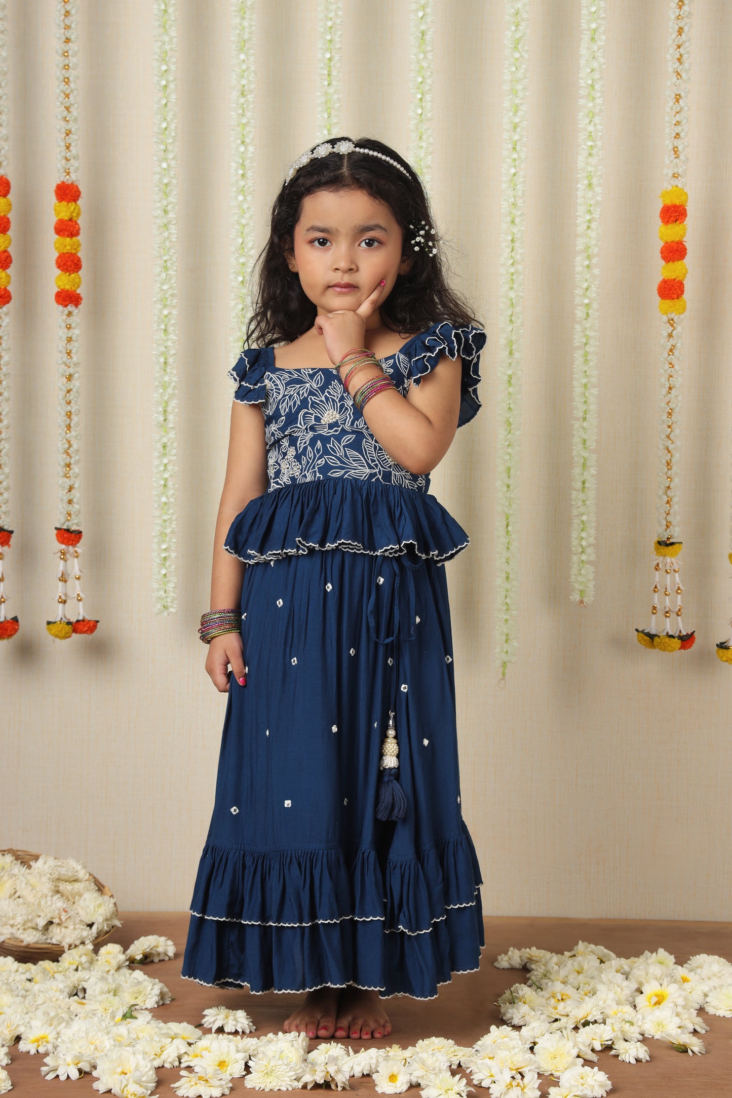 Bani Embroidered Blue Top And Pleated Frilly Hem Lehenga
