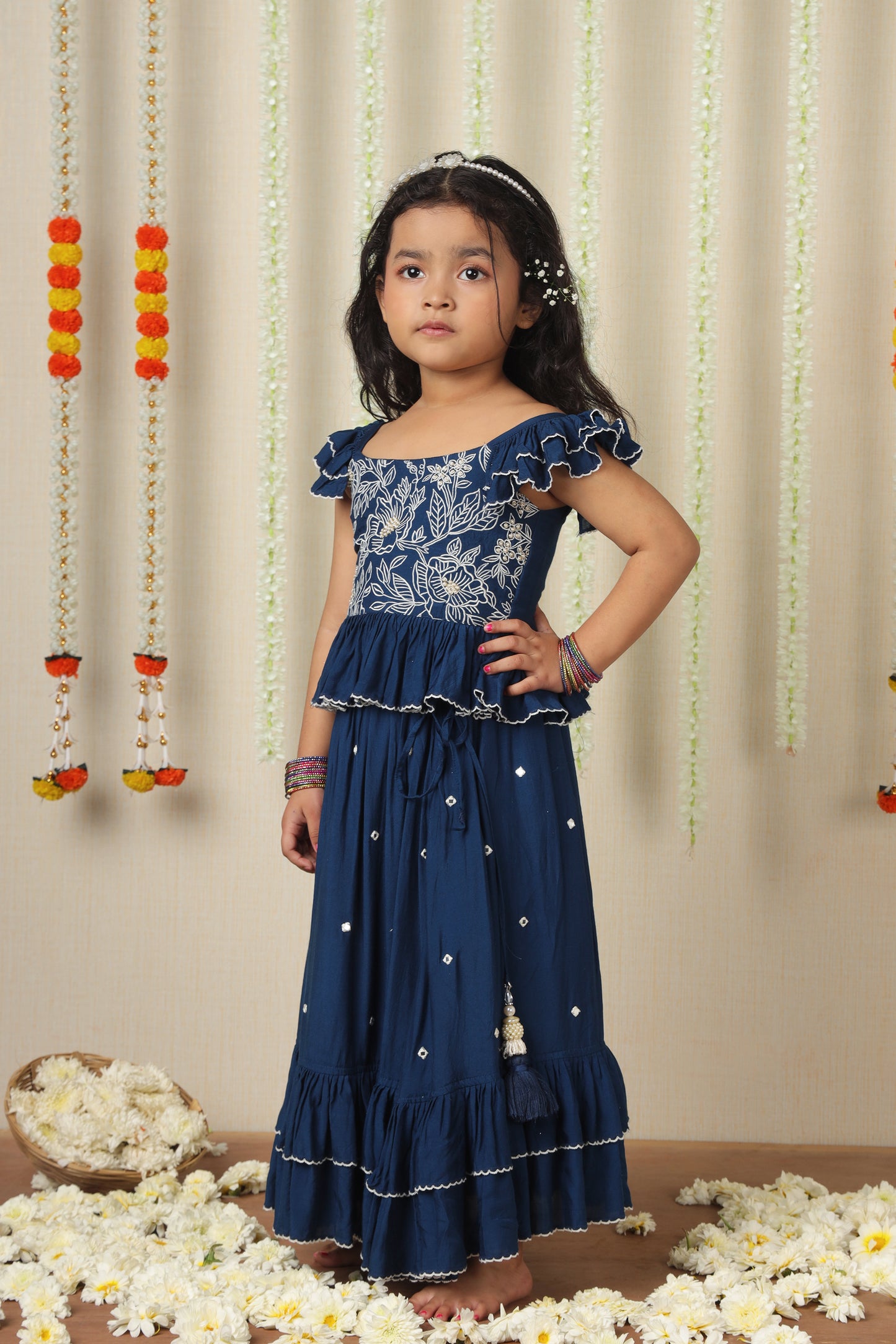 Bani Embroidered Blue Top And Pleated Frilly Hem Lehenga