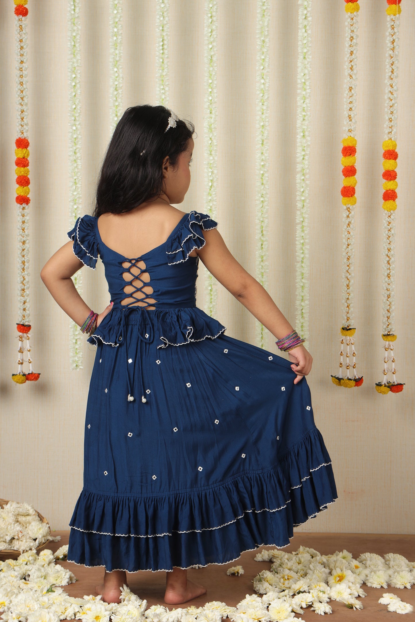 Bani Embroidered Blue Top And Pleated Frilly Hem Lehenga