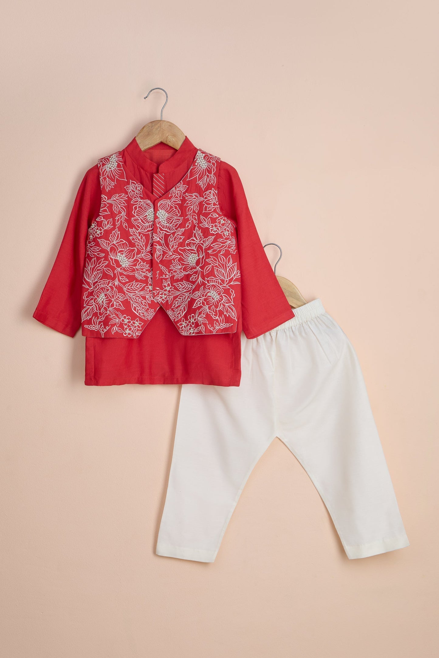 Bani Embroidered Red Jacket With Kurta And Pyjama