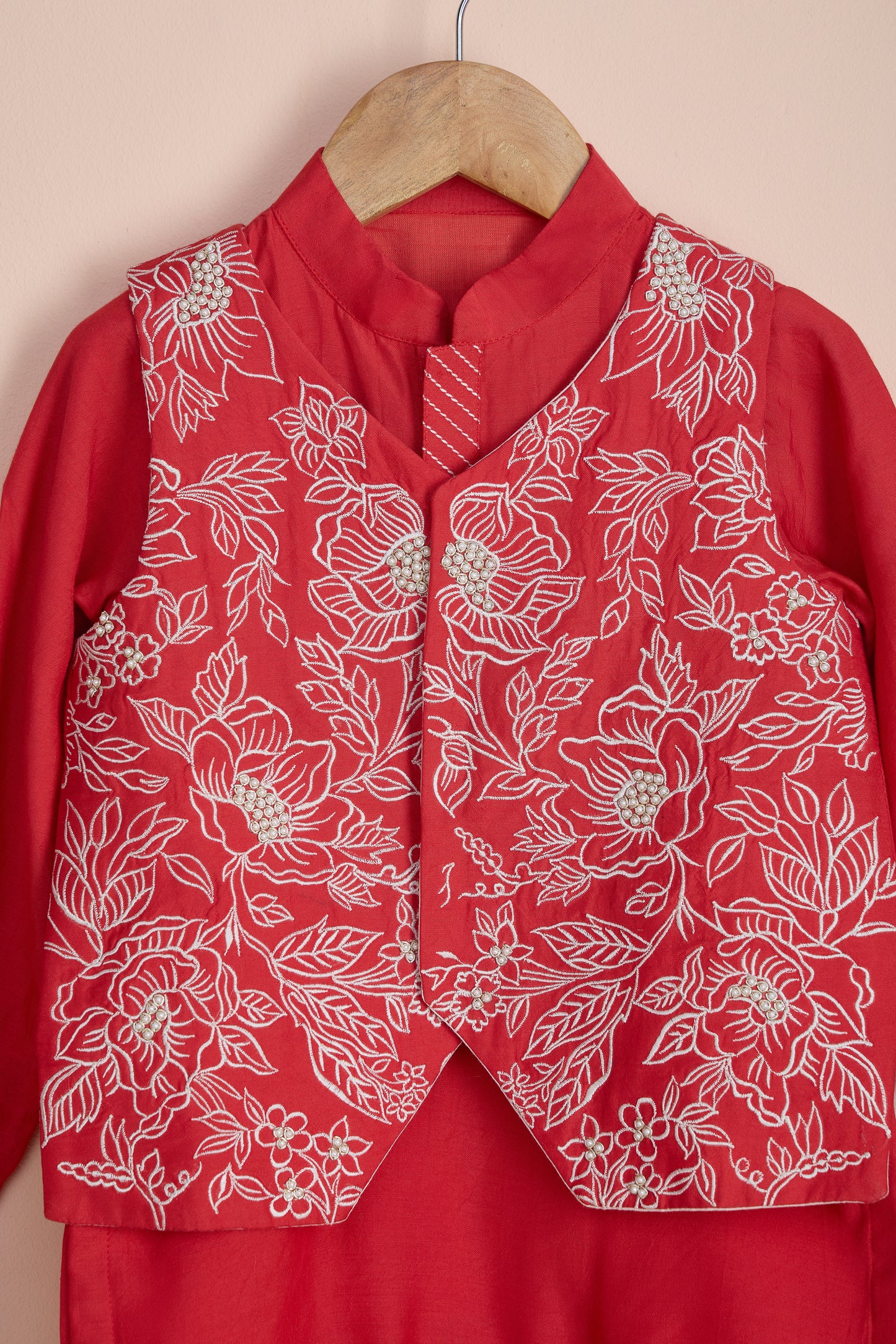 Bani Embroidered Red Jacket With Kurta And Pyjama