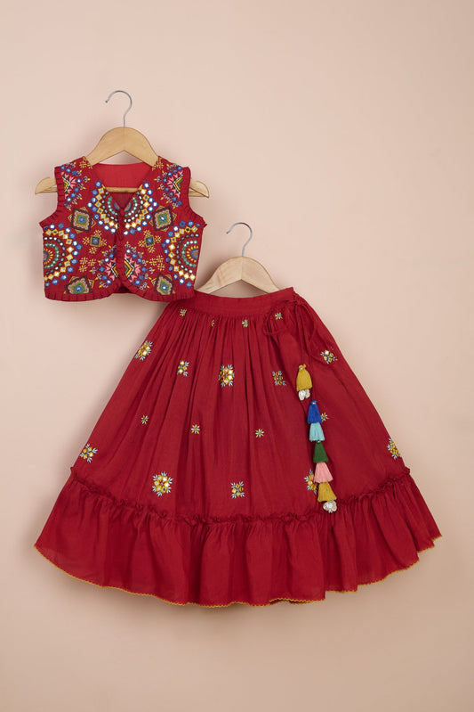 Padmini Red Embroidered Blue Top And Flared Lehenga