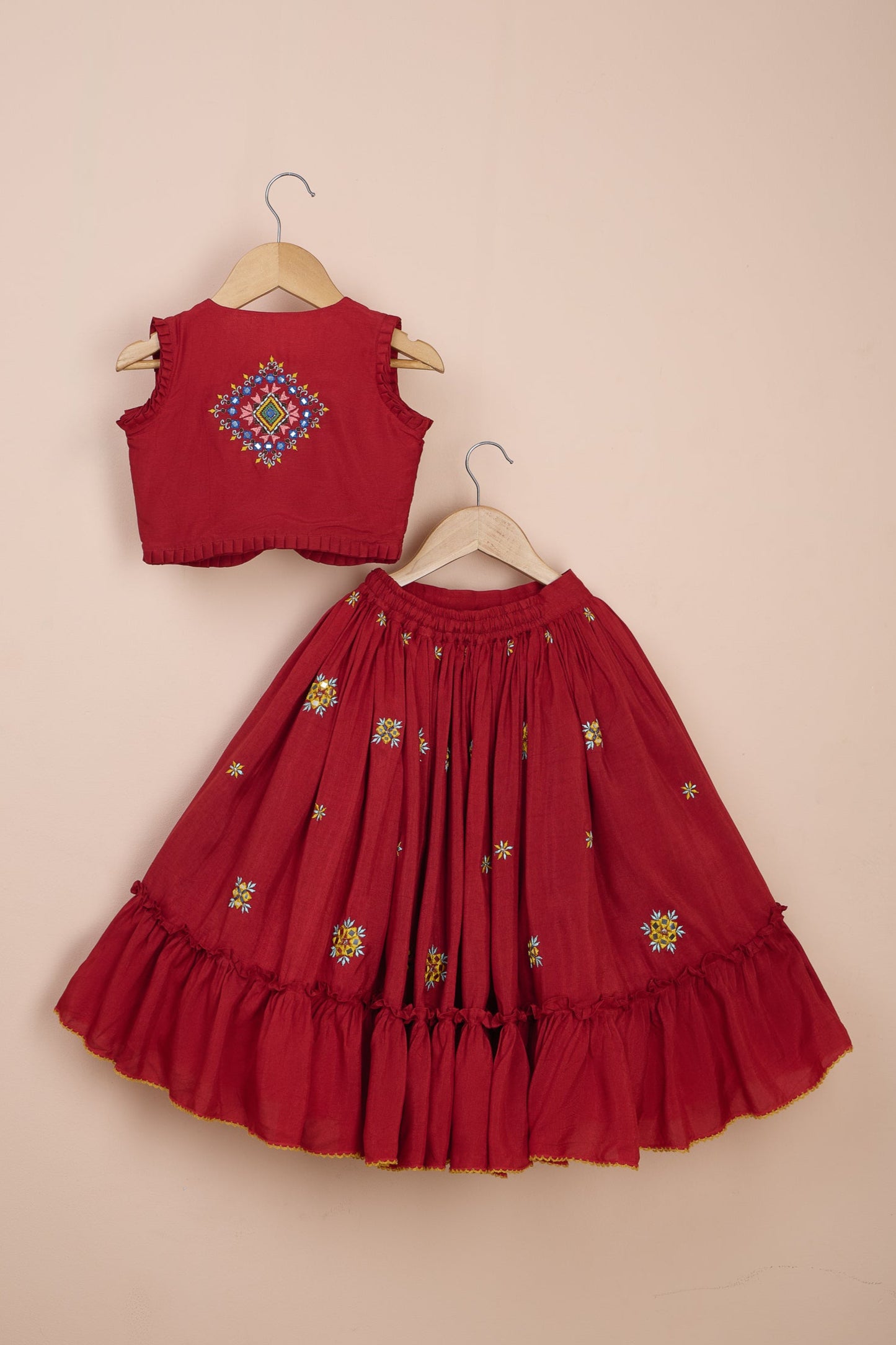 Padmini Red Embroidered Blue Top And Flared Lehenga