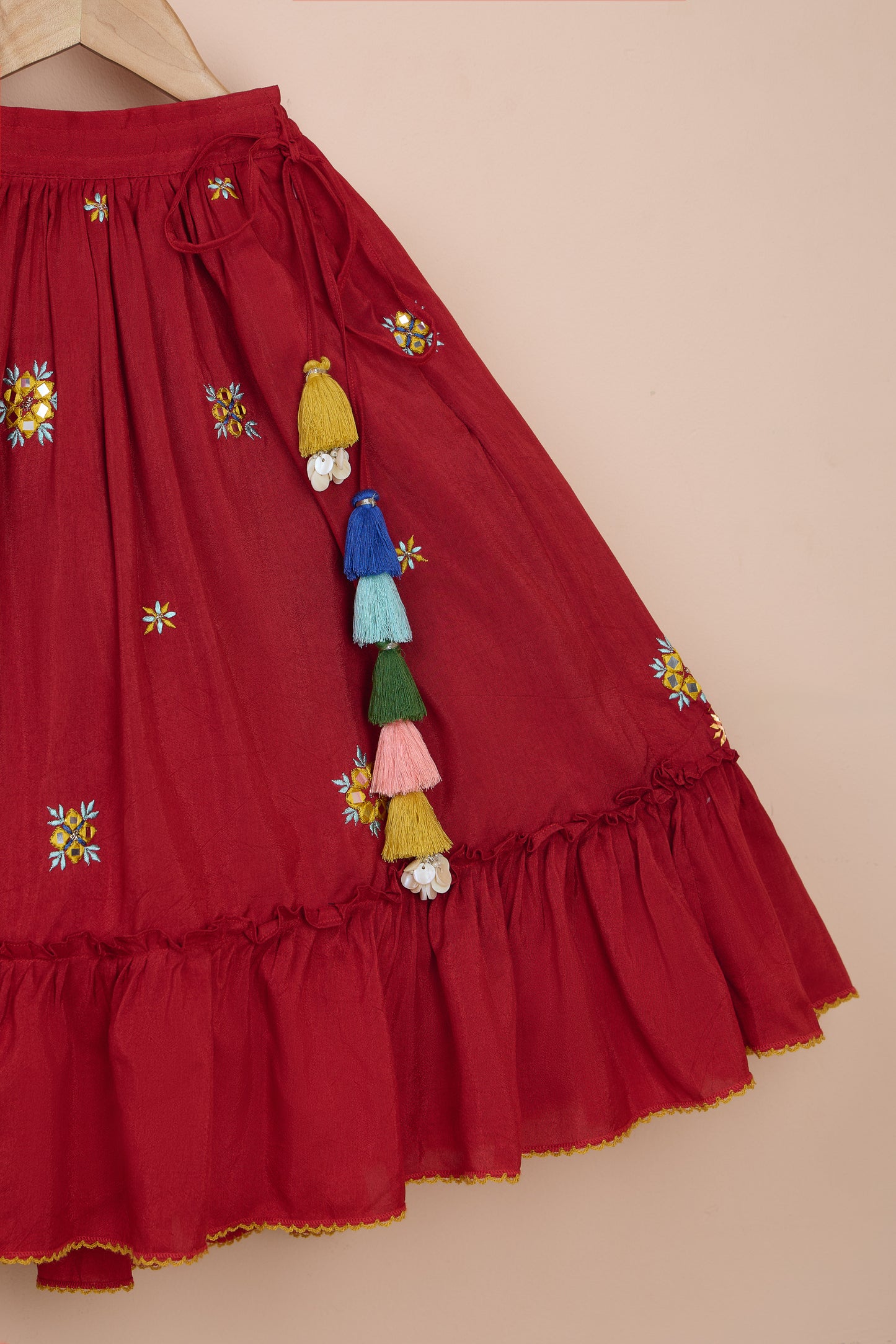 Padmini Red Embroidered Blue Top And Flared Lehenga