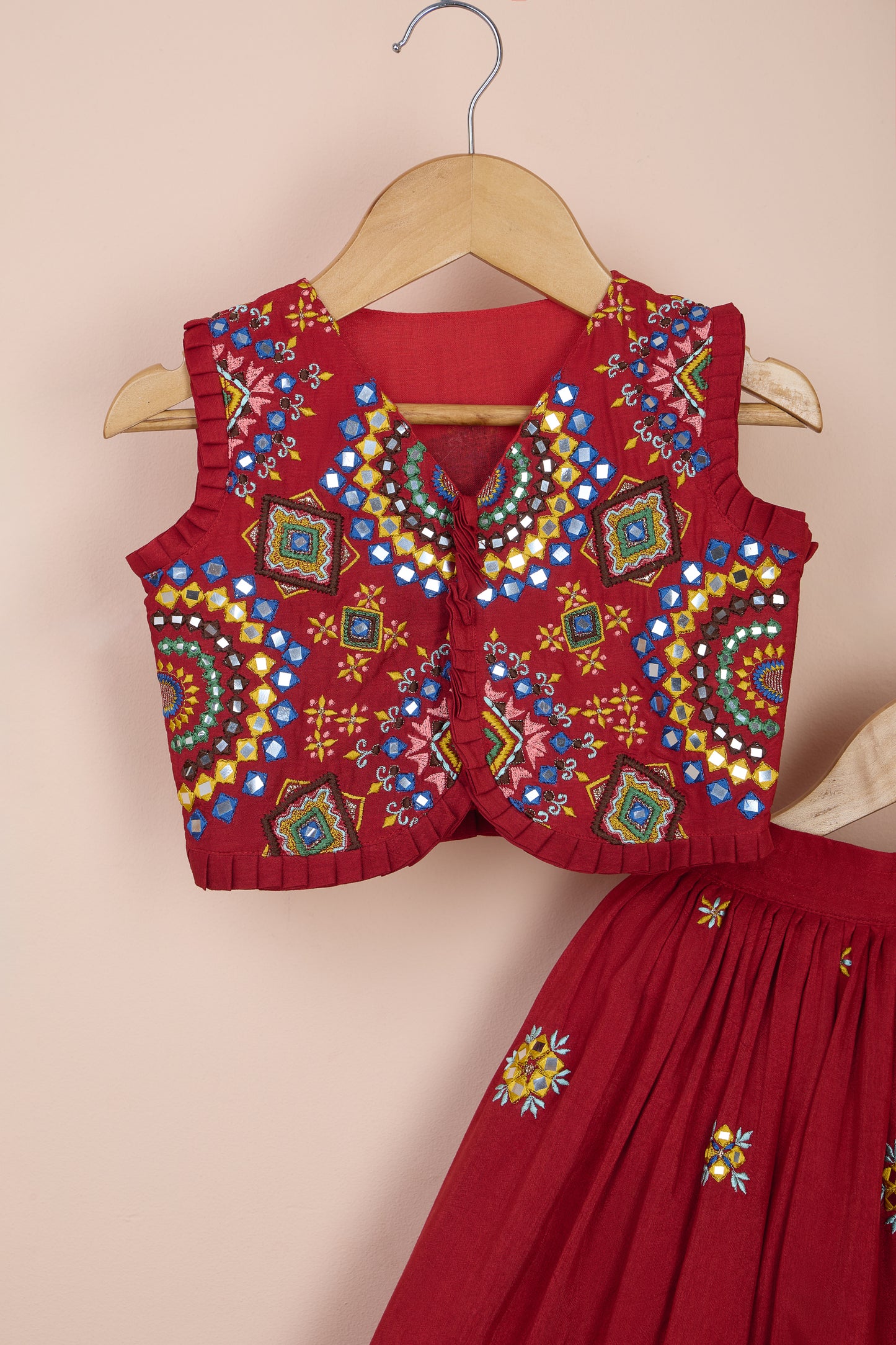 Padmini Red Embroidered Blue Top And Flared Lehenga