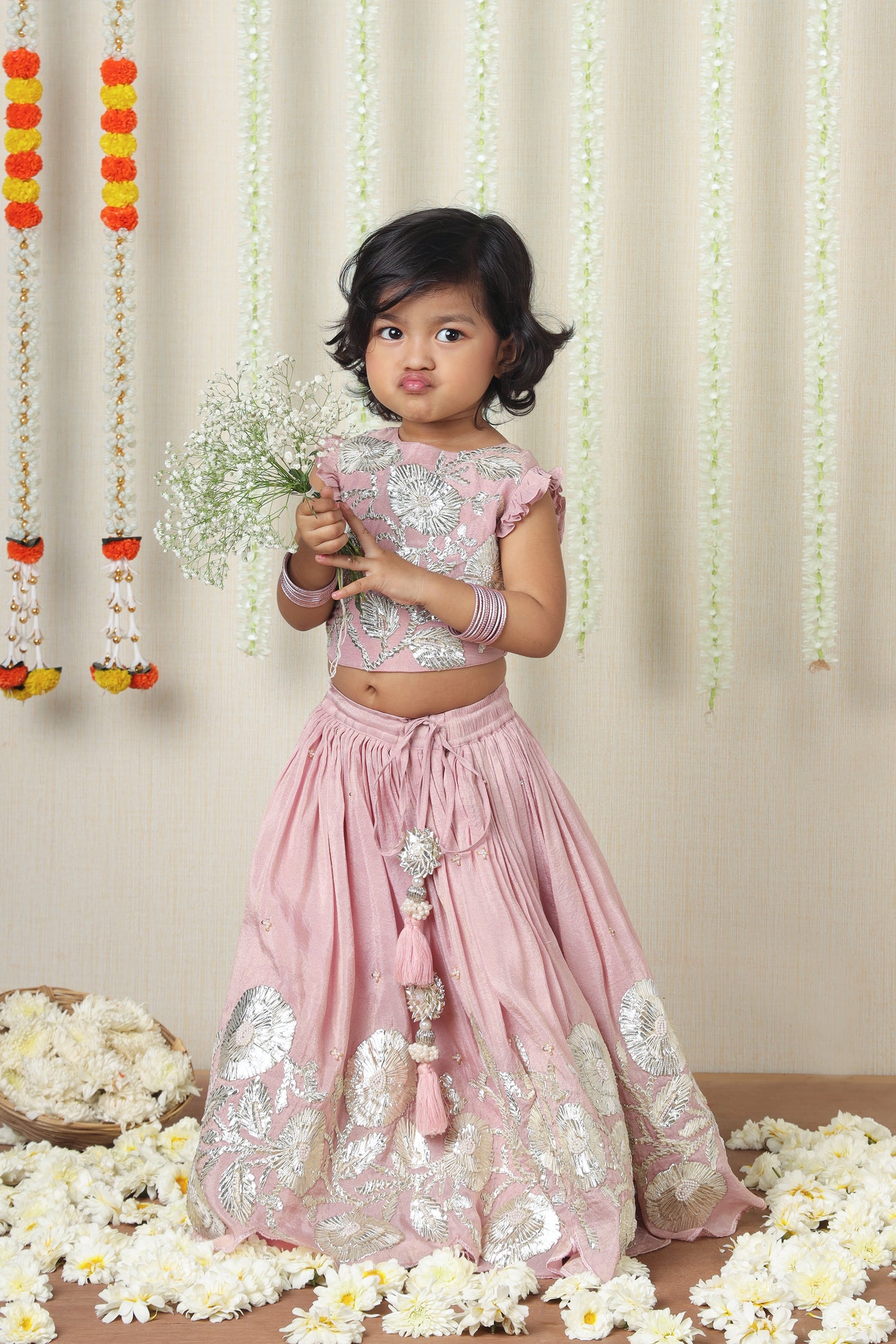 Pink Gota Work Embroidered Top And Lehenga
