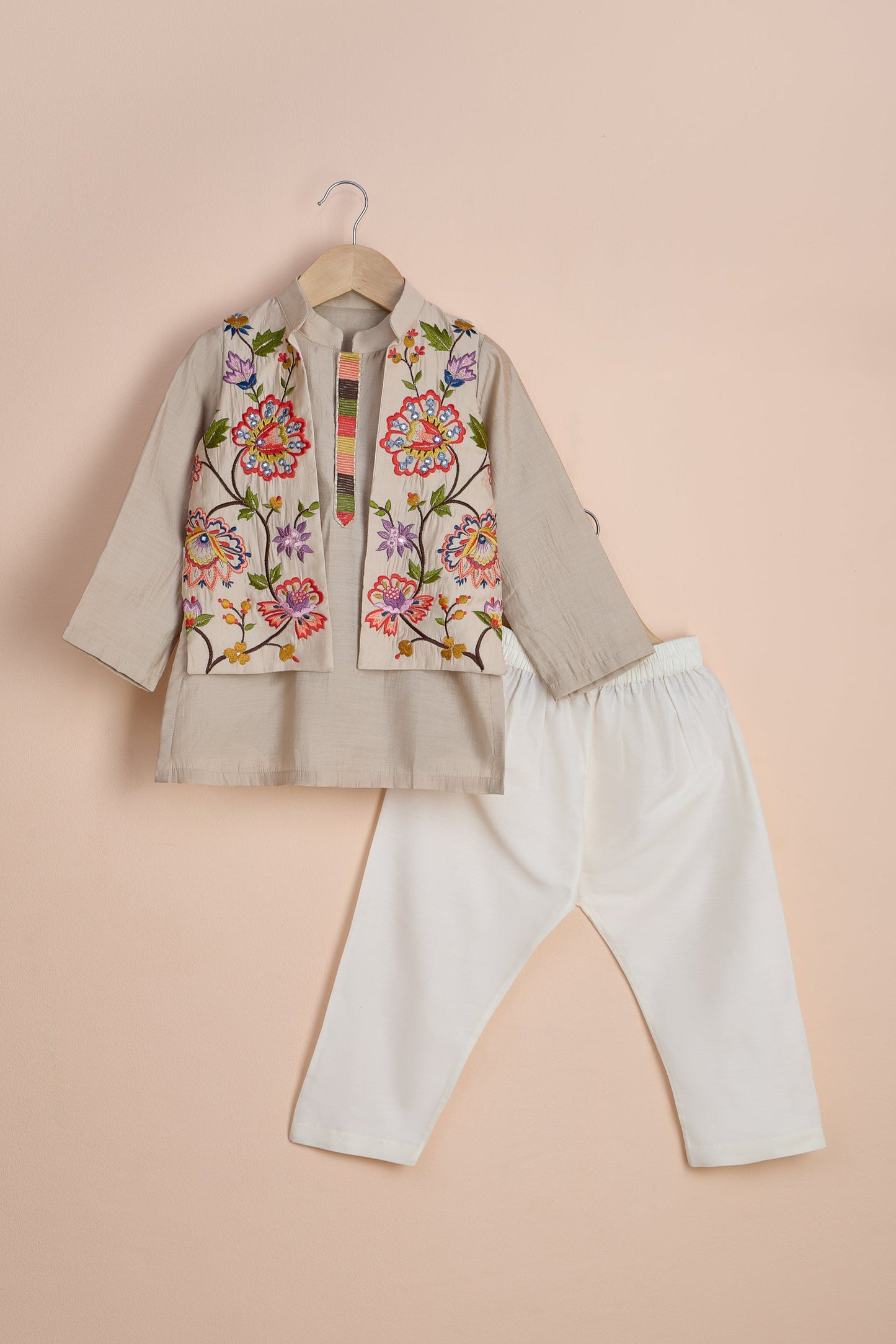 Bagula Beige Kurta And Embroidered Front Open Jacket With Pyjama