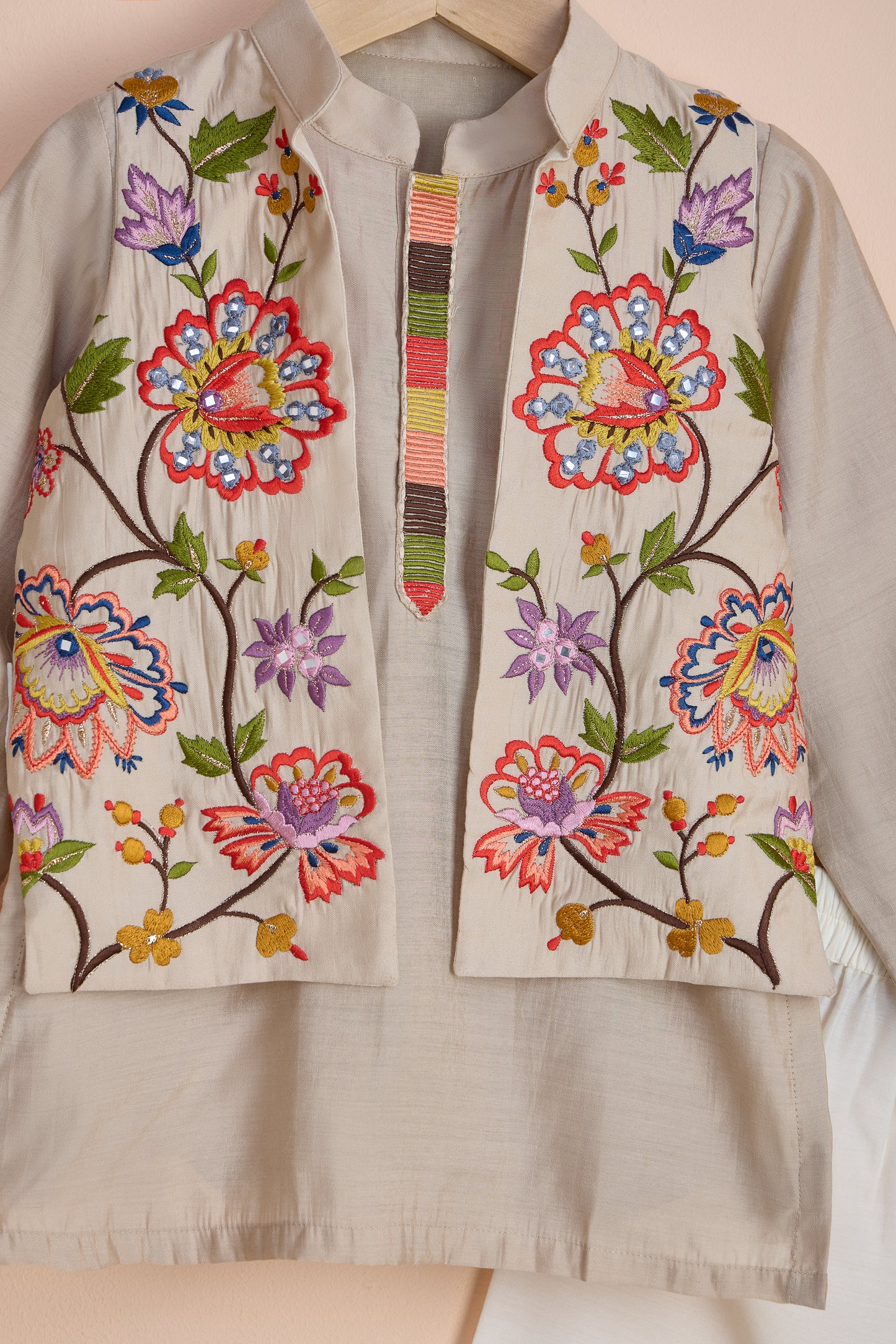 Bagula Beige Kurta And Embroidered Front Open Jacket With Pyjama