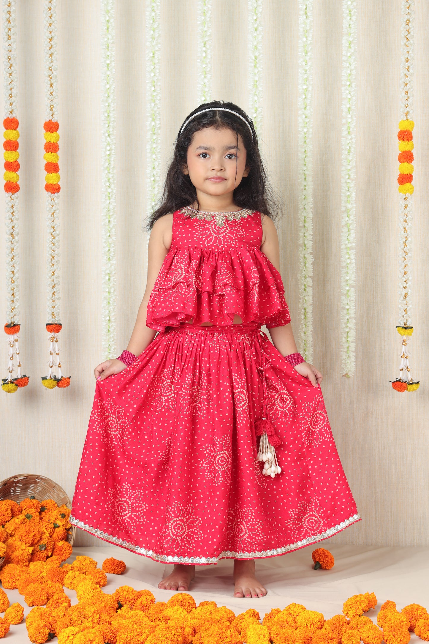 Red Printed Embroidered Layered Top And Flared Lehenga