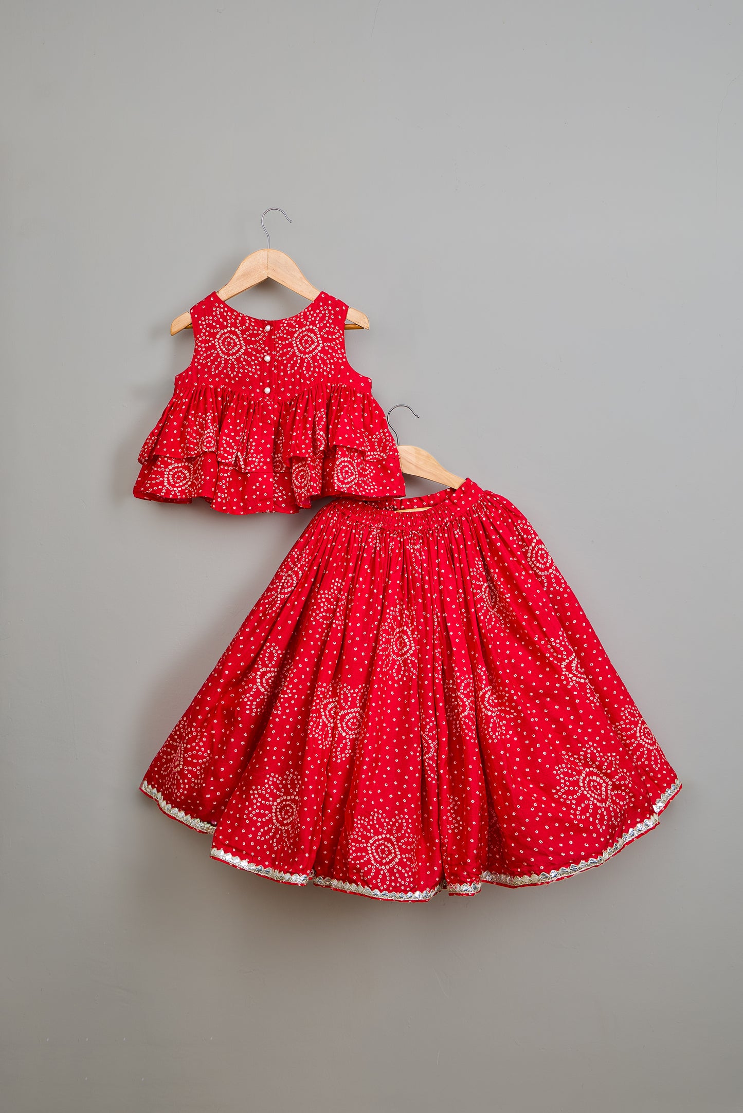 Red Printed Embroidered Layered Top And Flared Lehenga