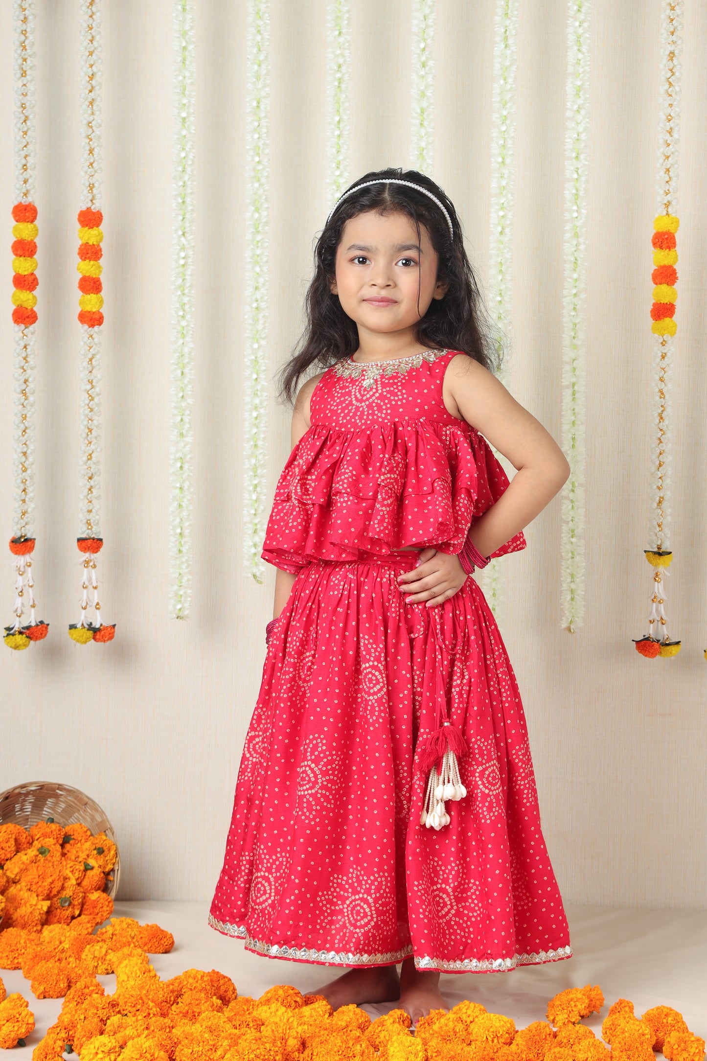 Red Printed Embroidered Layered Top And Flared Lehenga