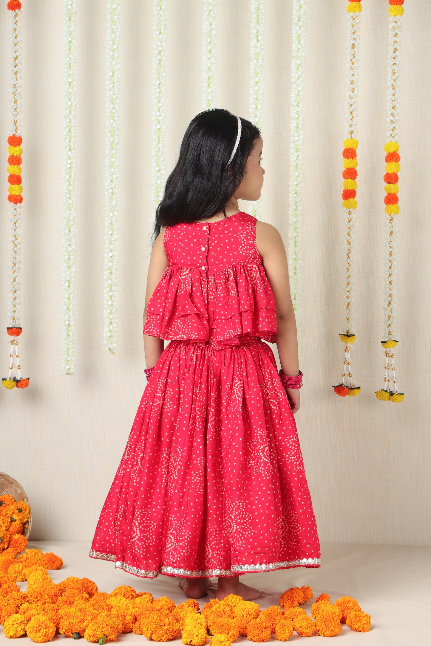 Red Printed Embroidered Layered Top And Flared Lehenga