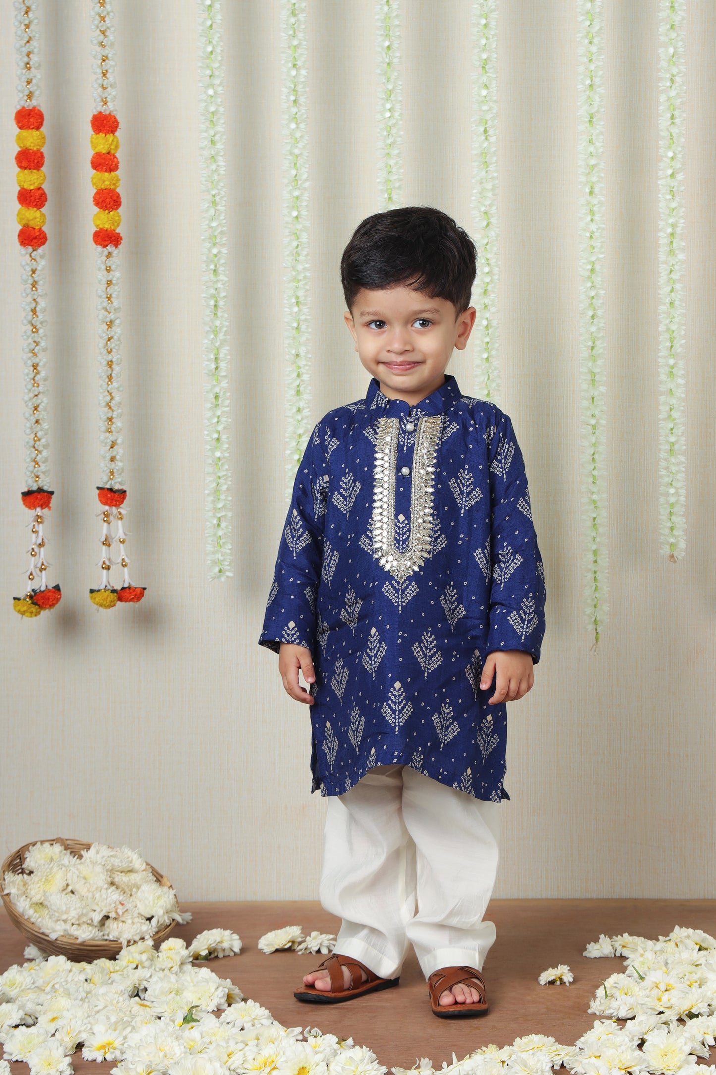 Navy Blue Bandhani Printed Kurta Set with Gota Embroidery