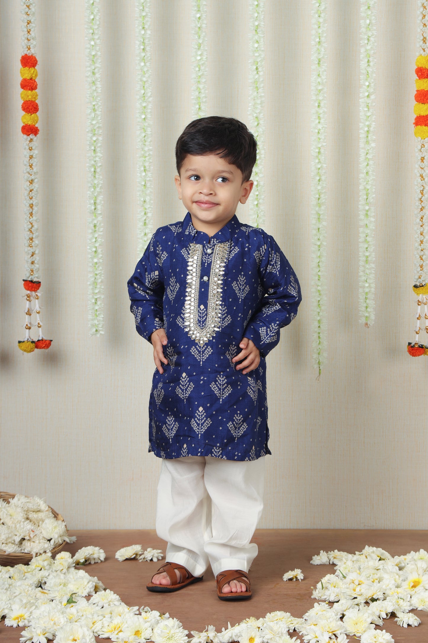 Navy Blue Bandhani Printed Kurta Set with Gota Embroidery