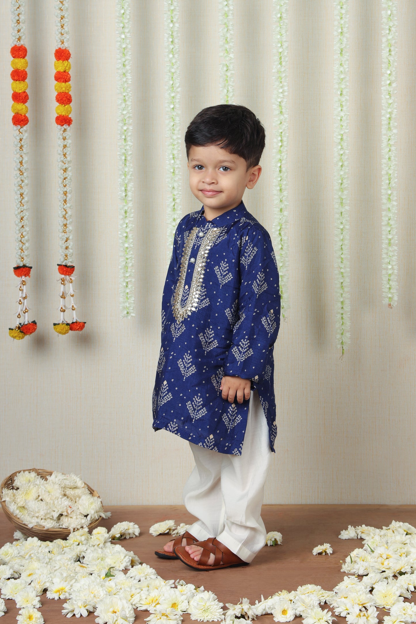 Navy Blue Bandhani Printed Kurta Set with Gota Embroidery