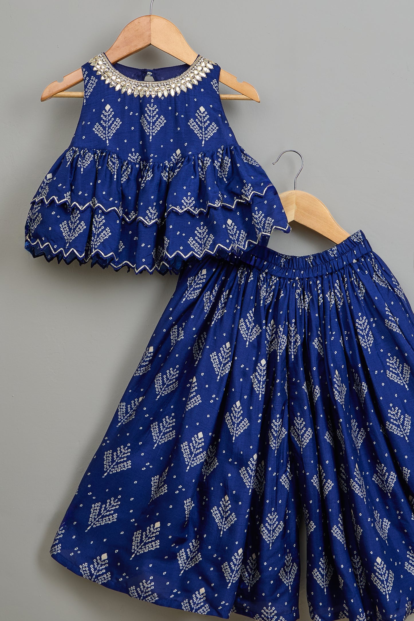 Blue Printed Embroidered Layered Top And Flared Palazzo
