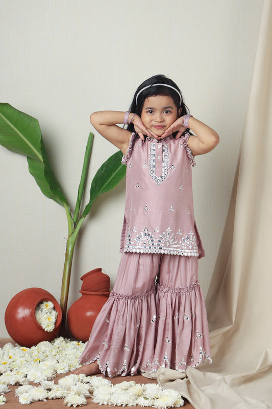 Pink Faux Mirror Embroidered Ruffle Detailed Kurti With Sharara