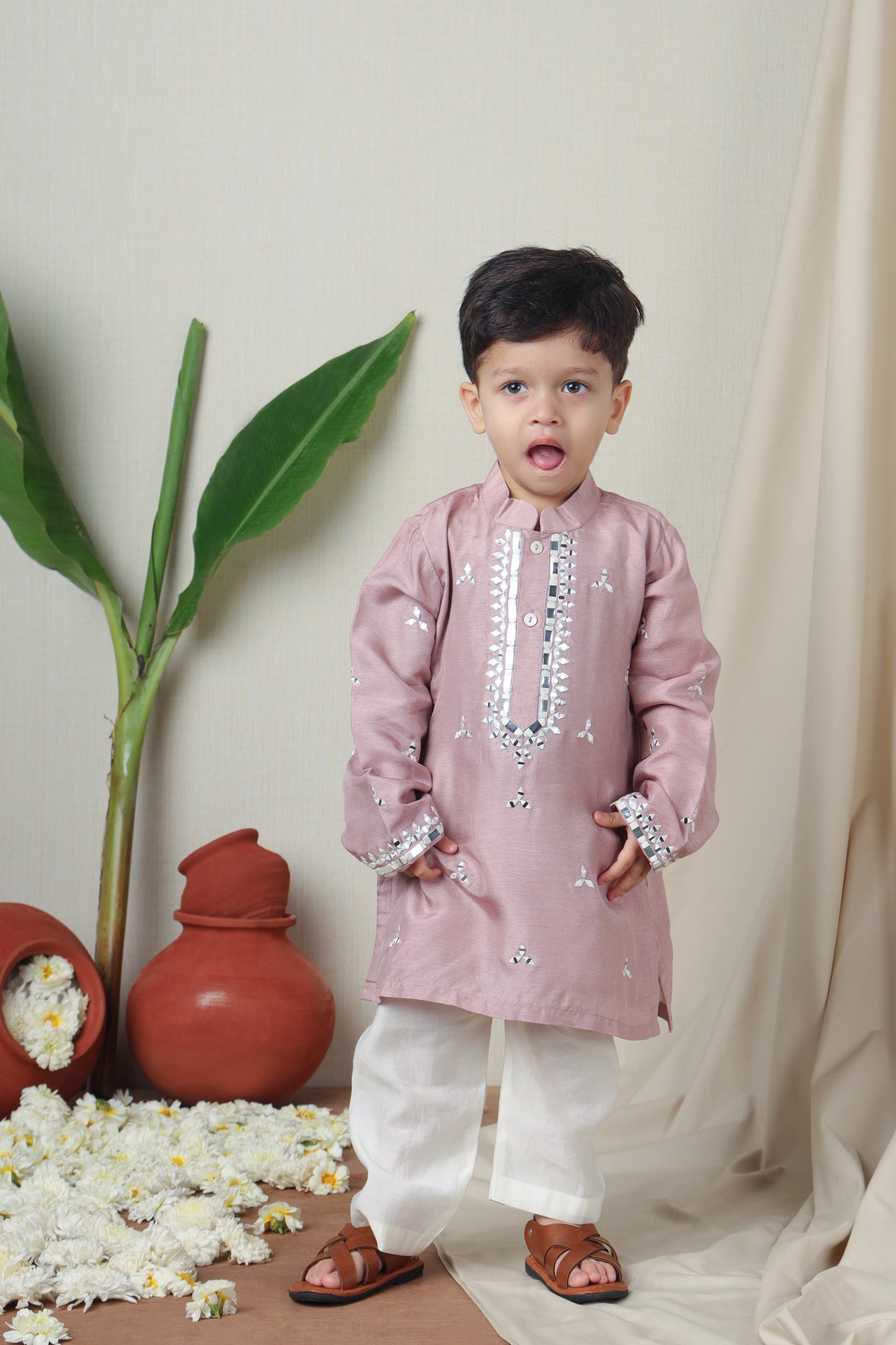 Faux Mirror Embroidered Pink Kurta With Pyjama