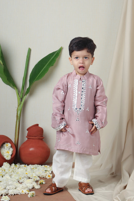 Faux Mirror Embroidered Pink Kurta With Pyjama