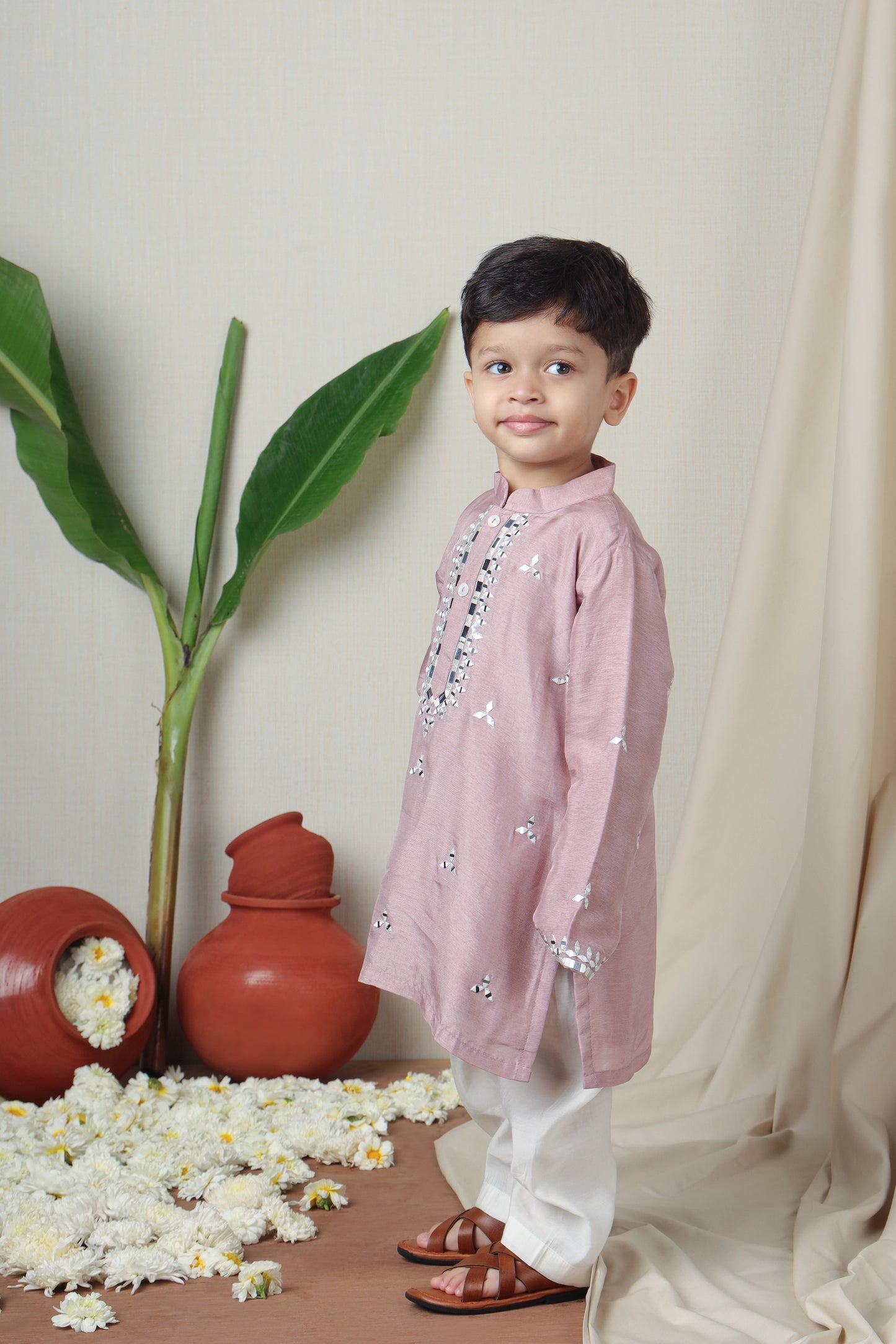 Faux Mirror Embroidered Pink Kurta With Pyjama