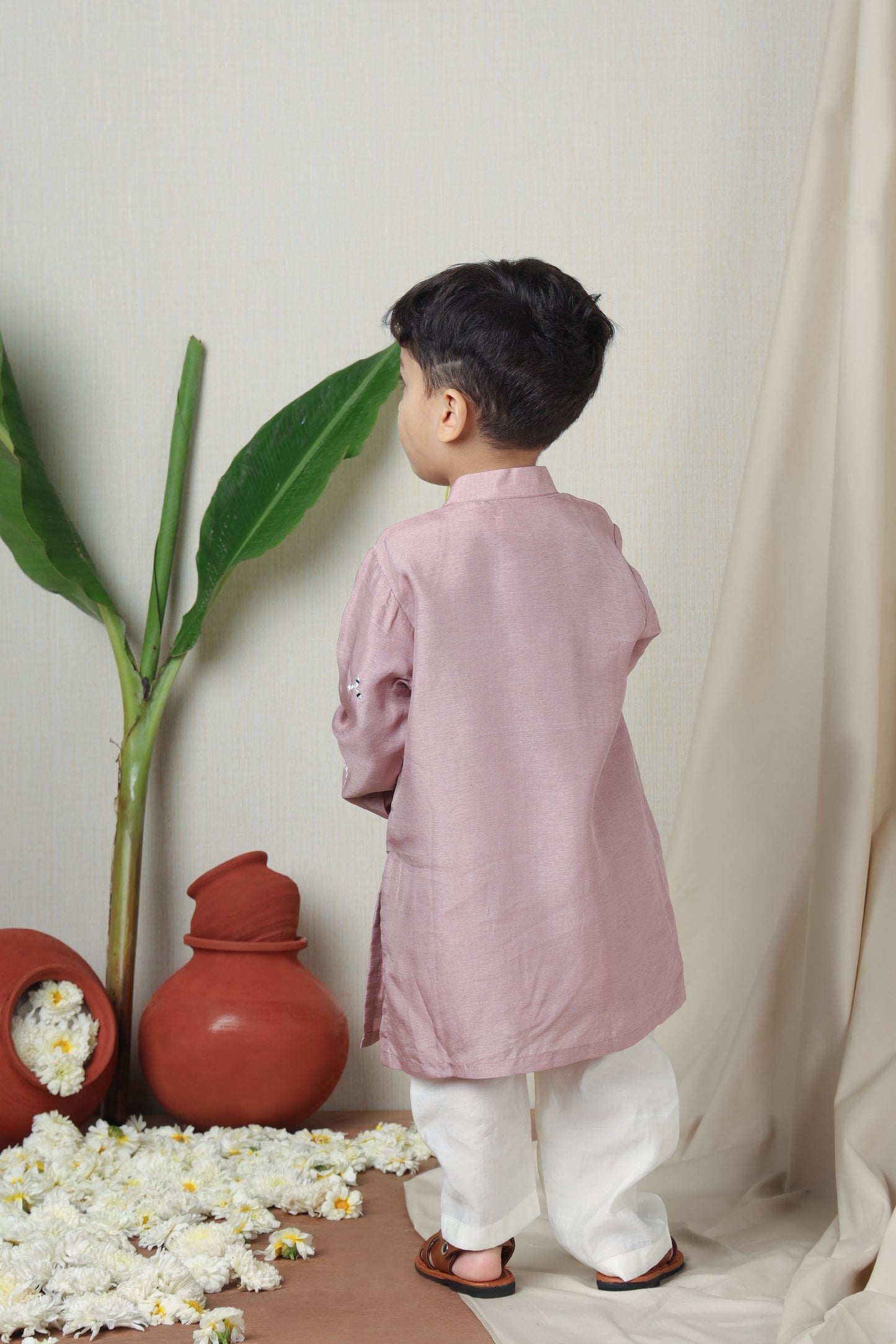Faux Mirror Embroidered Pink Kurta With Pyjama