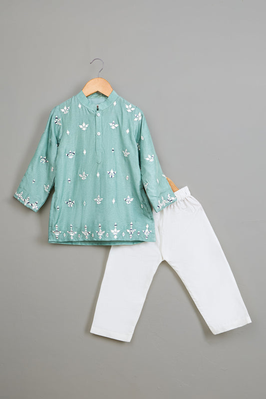 Faux Mirror Embroidered Blue Kurta With Pyjama