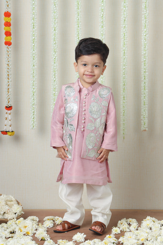Shimmery Pink Kurta With Front Open Gota Embroidered Jacket And Pyjama