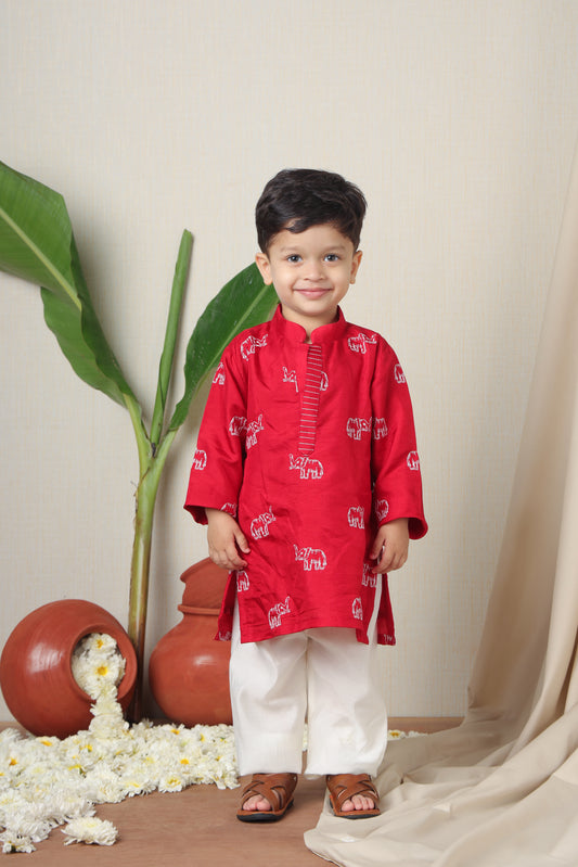 Red Elephant Embroidered Kurta And Pyjama